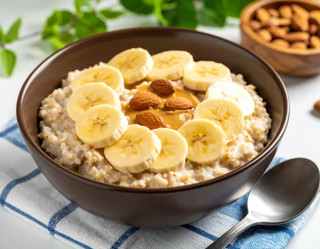 Bowl of oatmeal with banana slices and a spoonful of almond butter. Image from High Protien break fast blog, Health peak Guide