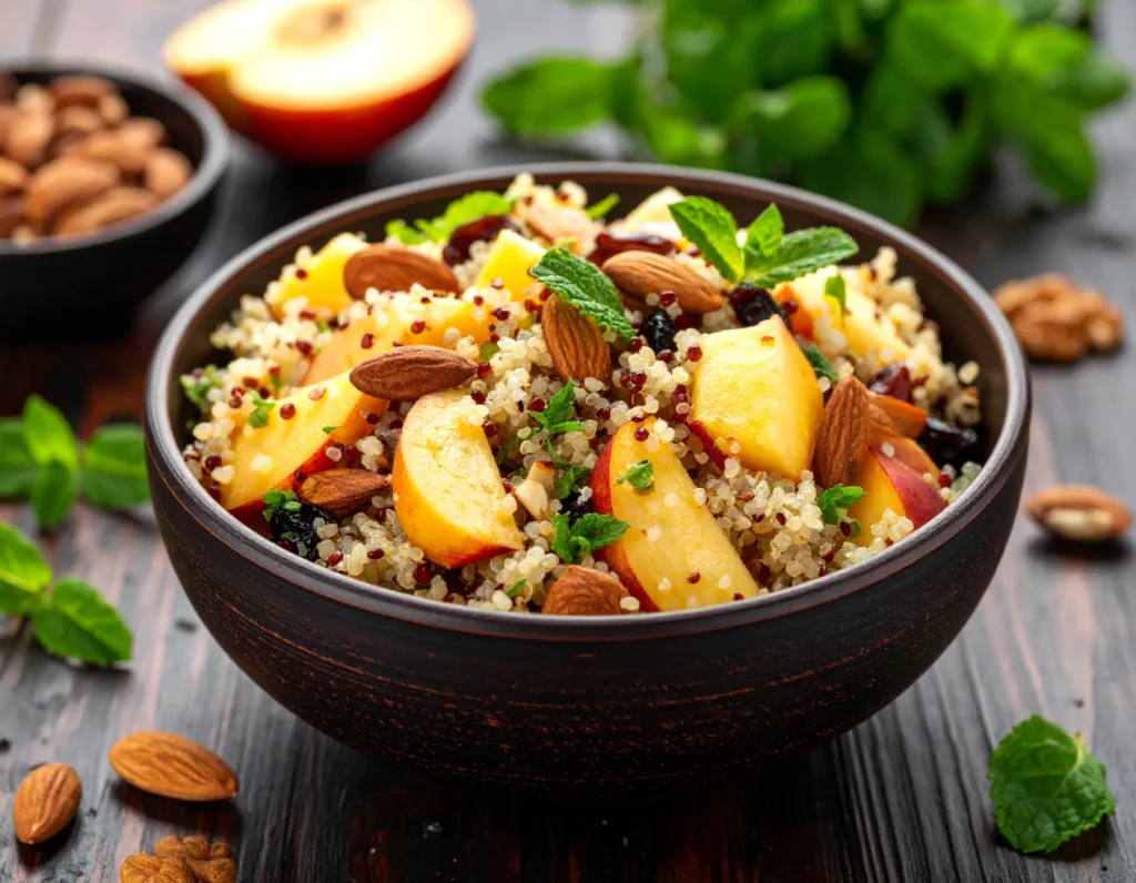 Breakfast quinoa with fruit and nuts in a rustic bowl, Health Peak Guide