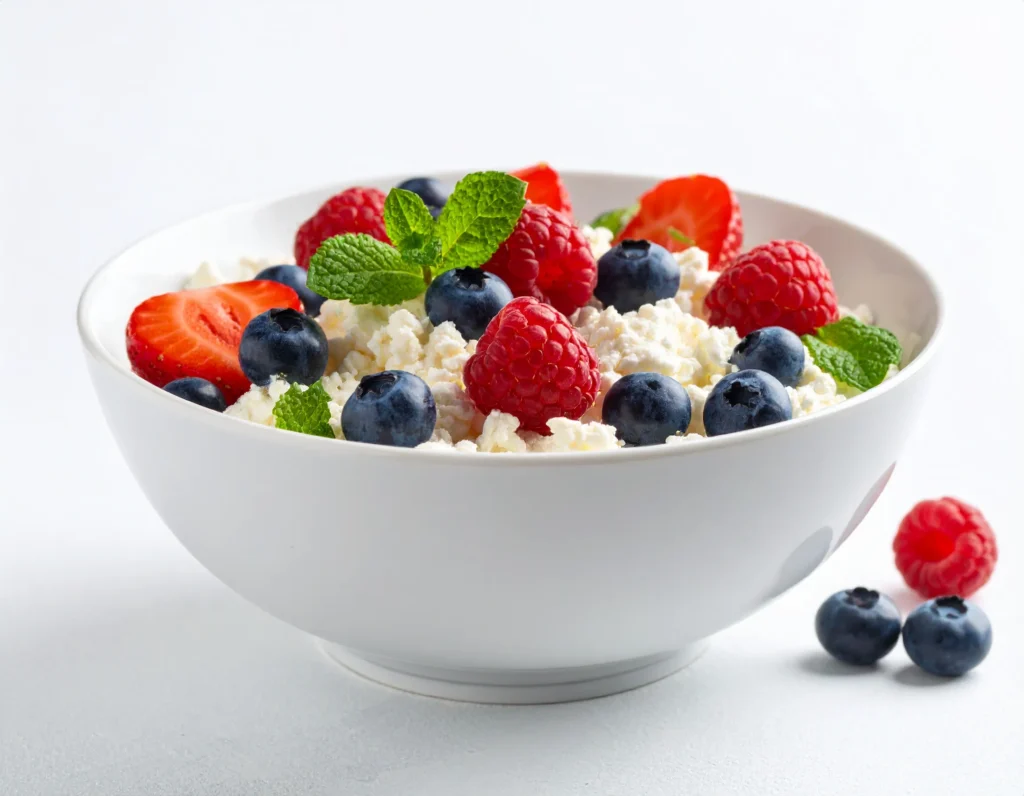 Cottage cheese with mixed berries in a white bowl.