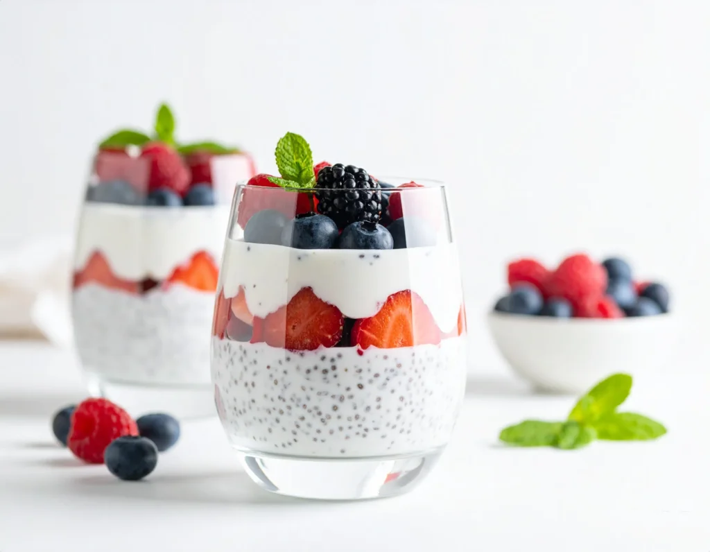 Greek yogurt parfait with berries and chia seeds in a clear glass - Health Peak Guide