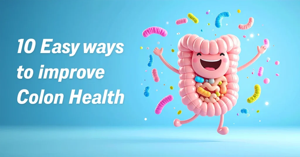 Cartoon image of colon with bacteria - health peak guide