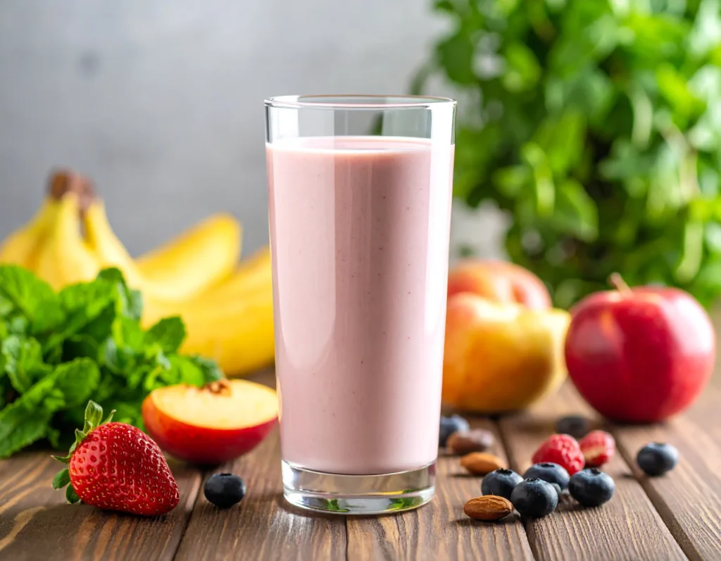 Pink protein smoothie in a tall glass with fresh fruit beside it - Health Peak Guide