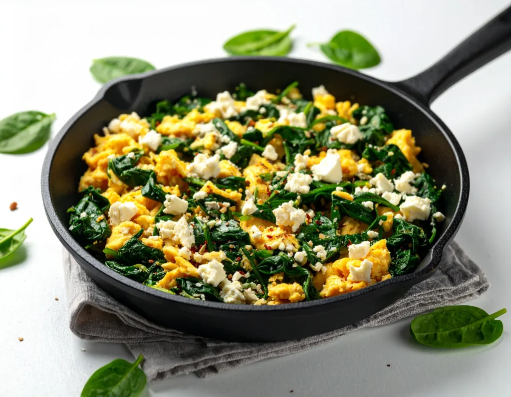 Scrambled eggs with spinach and feta in a black skillet - Health Peak Guide