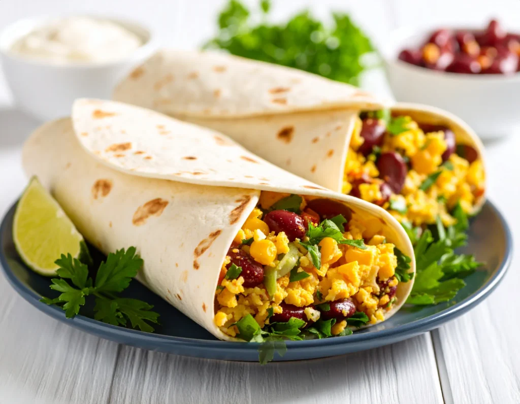 Sliced breakfast burrito filled with egg and beans.