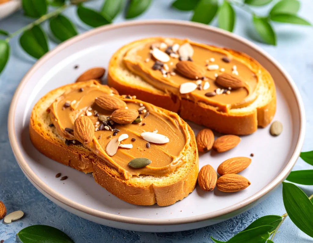Toast with almond butter and Chia seeds on a ceramic plate - Health Peak Guide
